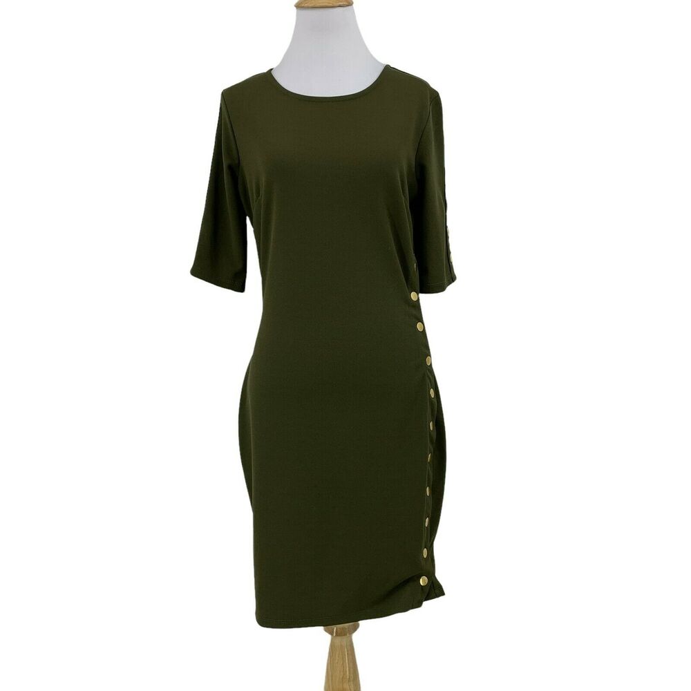 Haute Monde Snap Button Dress Womens M Medium Avocado Mid Sleeve Bodycon Stretch